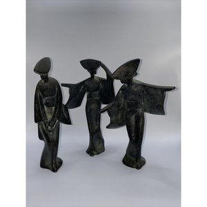 Vtg MCM Japanese Cast Iron Geisha Girls Art Deco Figurine Set of 3